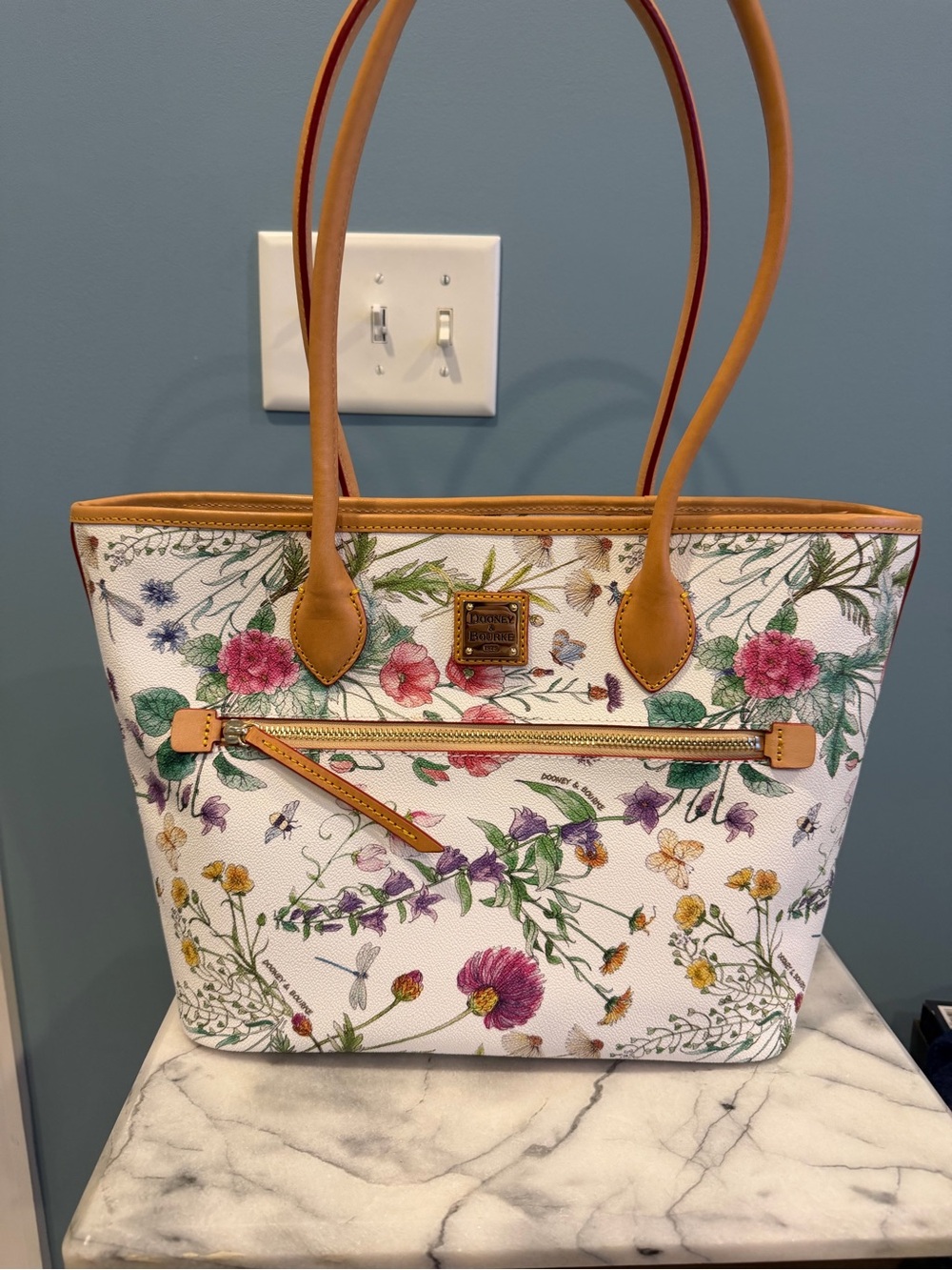 Dooney & Bourke White Floral Print Tote with Tan Trim